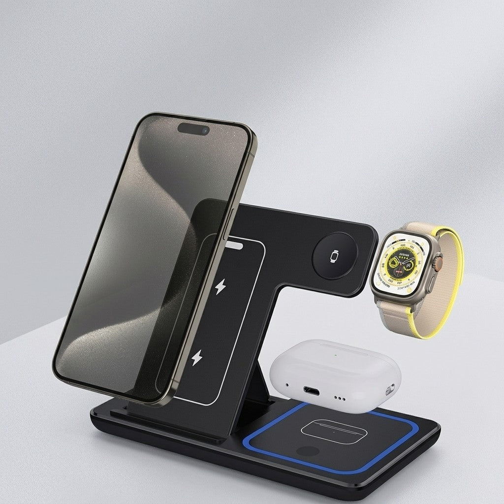 15W 3 In 1 LED Foldable Fast Wireless Charger Stand
