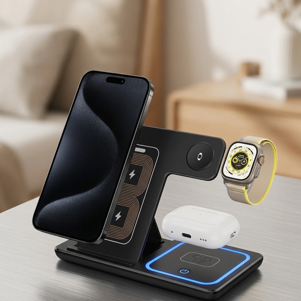 15W 3 In 1 LED Foldable Fast Wireless Charger Stand